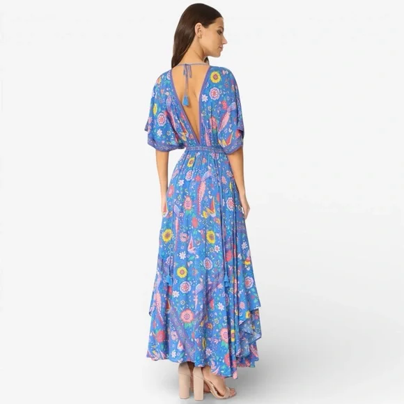 Spell Lovebird Half Moon Gown Deep Sky Blue Maxi Dress Size M Boho Festival - Picture 2 of 15